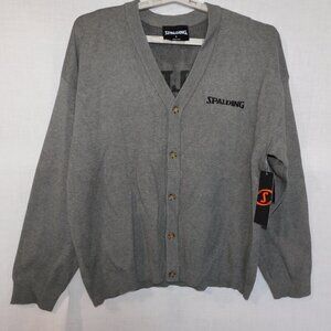 Spalding Cardigan Sweater Gray Black Spellout Button Front New w Tag Mens XL
